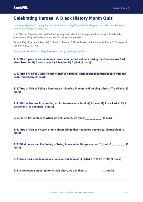 Free Black History Month Quiz | Year 1 Core | BookFlik worksheet preview — English Black History Month