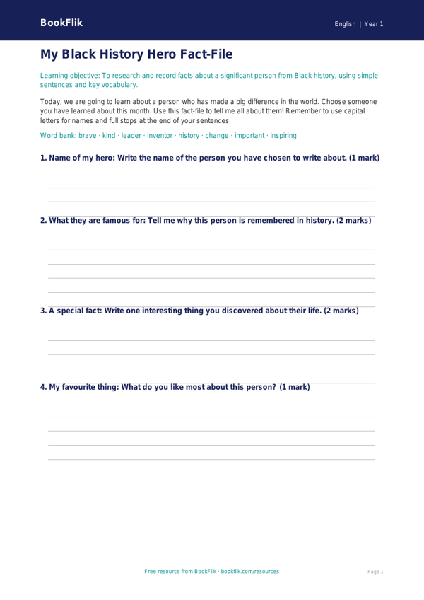 Free Black History Month Template | Year 1 Core | BookFlik worksheet preview — English Black History Month