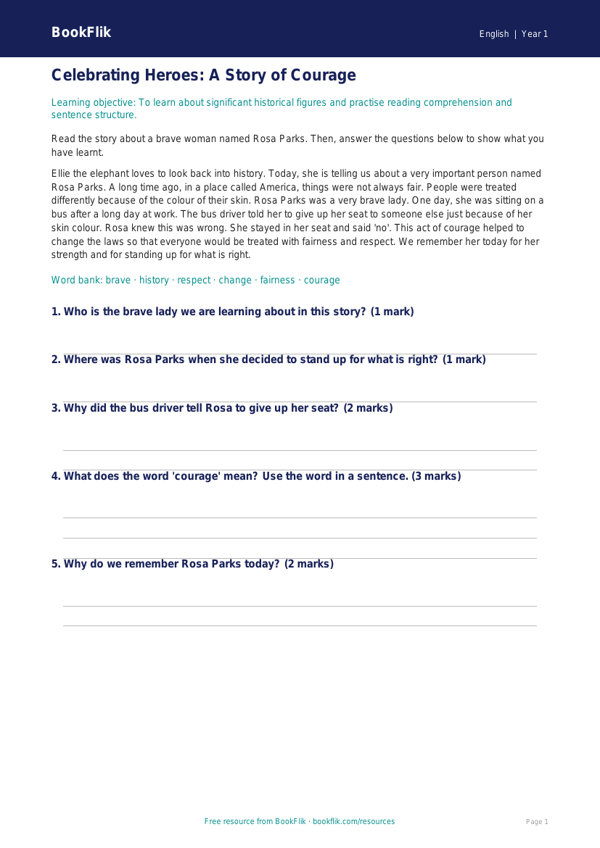 Free Black History Month Track Sheet | Year 1 Core | BookFlik worksheet preview — English Black History Month