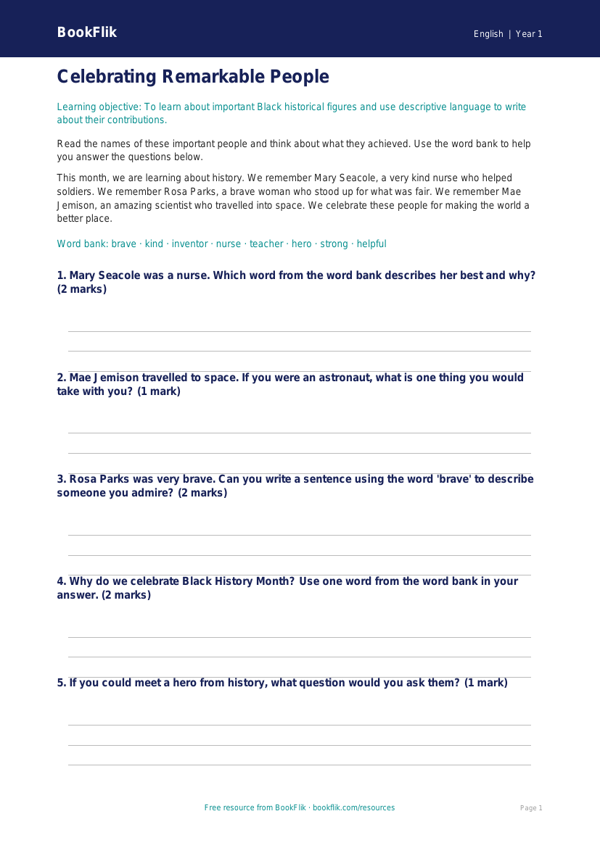 Free Black History Month Worksheet | Year 1 Core | BookFlik worksheet preview — English Black History Month