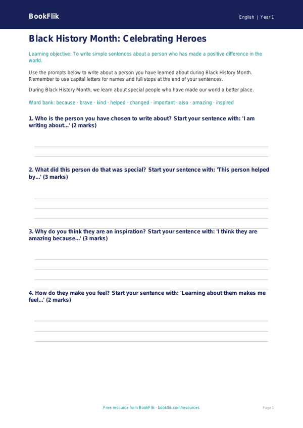Free Black History Month Writing Frame | Year 1 Core | BookFlik worksheet preview — English Black History Month