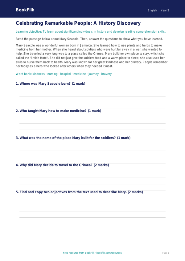 Free Black History Month Track Sheet | Year 2 Core | BookFlik worksheet preview — English Black History Month