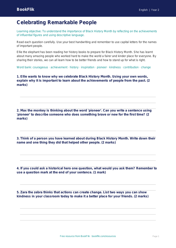 Free Black History Month Worksheet | Year 2 Core | BookFlik worksheet preview — English Black History Month