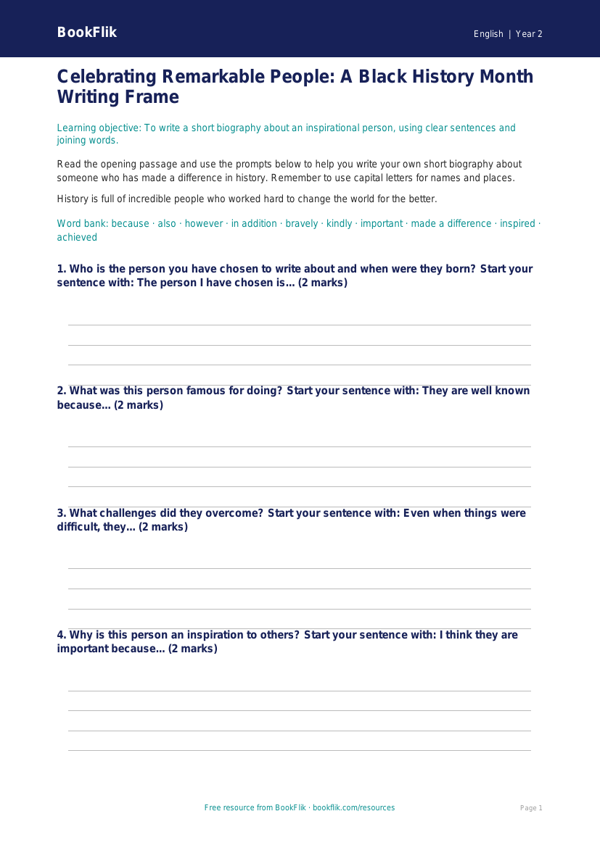 Free Black History Month Writing Frame | Year 2 Core | BookFlik worksheet preview — English Black History Month