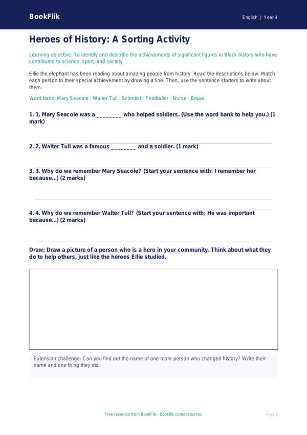 Free Black History Month Activity Sheet | Year 4 Supported | BookFlik worksheet preview — English Black History Month