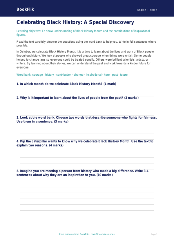 Free Black History Month Assessment | Year 4 Supported | BookFlik worksheet preview — English Black History Month