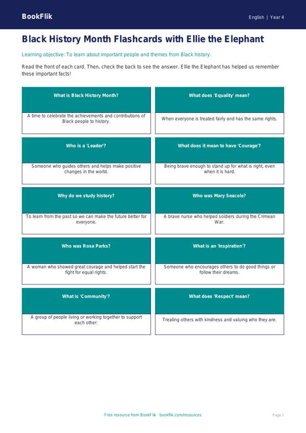 Free Black History Month Flashcards | Year 4 Supported | BookFlik worksheet preview — English Black History Month