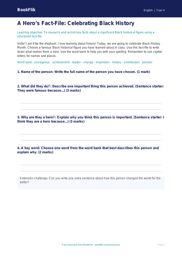 Free Black History Month Template | Year 4 Supported | BookFlik worksheet preview — English Black History Month