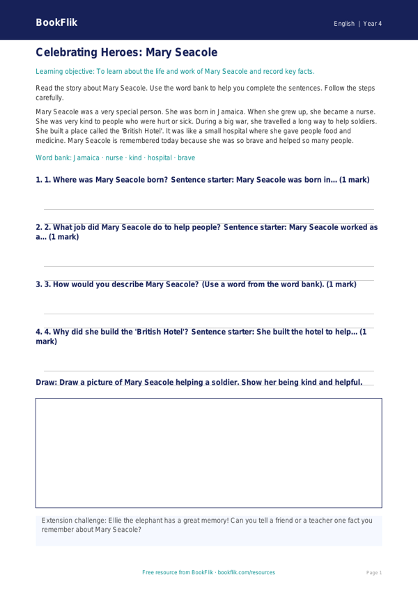 Free Black History Month Track Sheet | Year 4 Supported | BookFlik worksheet preview — English Black History Month