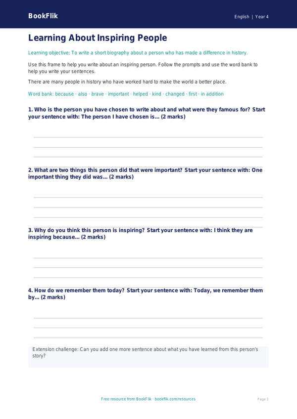 Free Black History Month Writing Frame | Year 4 Supported | BookFlik worksheet preview — English Black History Month