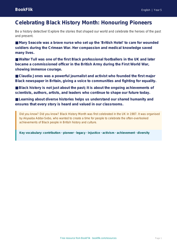 Free Black History Month Poster | Year 5 Core | BookFlik worksheet preview — English Black History Month