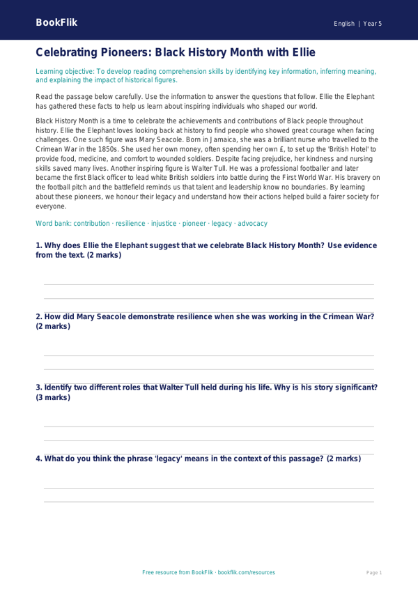 Free Black History Month Track Sheet | Year 5 Core | BookFlik worksheet preview — English Black History Month