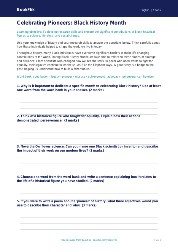 Free Black History Month Worksheet | Year 5 Core | BookFlik worksheet preview — English Black History Month