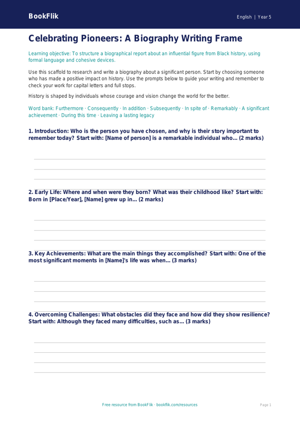 Free Black History Month Writing Frame | Year 5 Core | BookFlik worksheet preview — English Black History Month