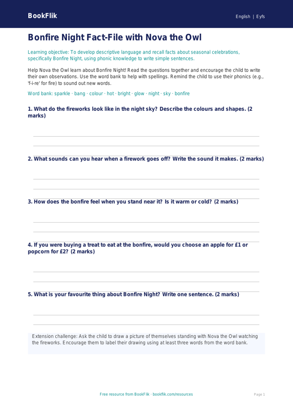Free Bonfire Night Template | EYFS Core | BookFlik worksheet preview — English Bonfire Night