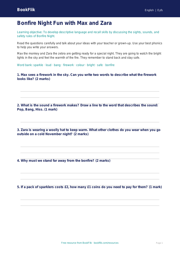 Free Bonfire Night Worksheet | EYFS Core | BookFlik worksheet preview — English Bonfire Night
