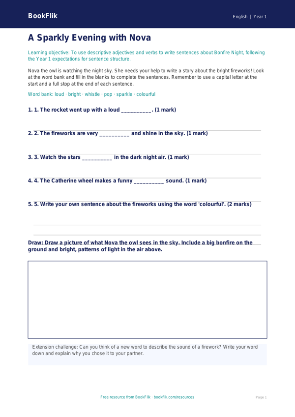 Free Bonfire Night Activity Sheet | Year 1 Core | BookFlik worksheet preview — English Bonfire Night