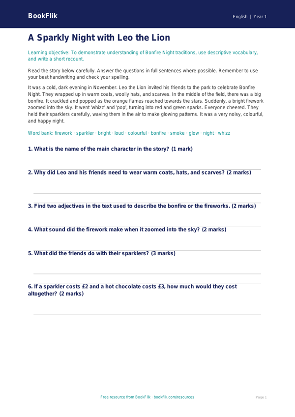 Free Bonfire Night Assessment | Year 1 Core | BookFlik worksheet preview — English Bonfire Night