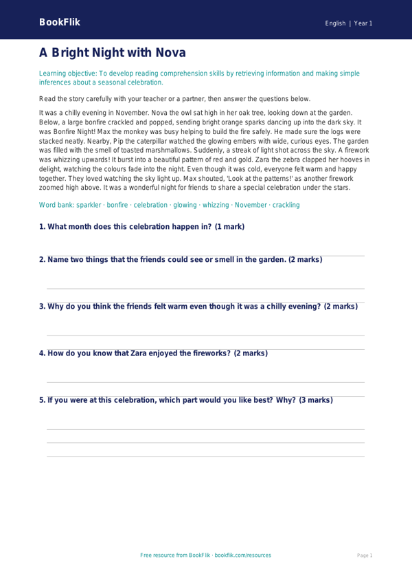Free Bonfire Night Comprehension | Year 1 Core | BookFlik worksheet preview — English Bonfire Night
