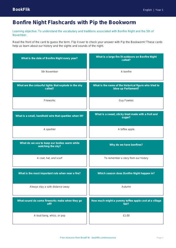 Free Bonfire Night Flashcards | Year 1 Core | BookFlik worksheet preview — English Bonfire Night