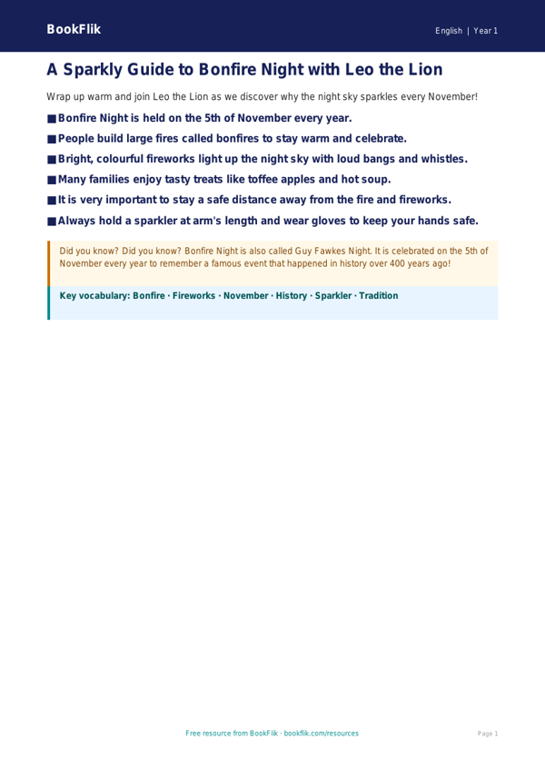 Free Bonfire Night Poster | Year 1 Core | BookFlik worksheet preview — English Bonfire Night