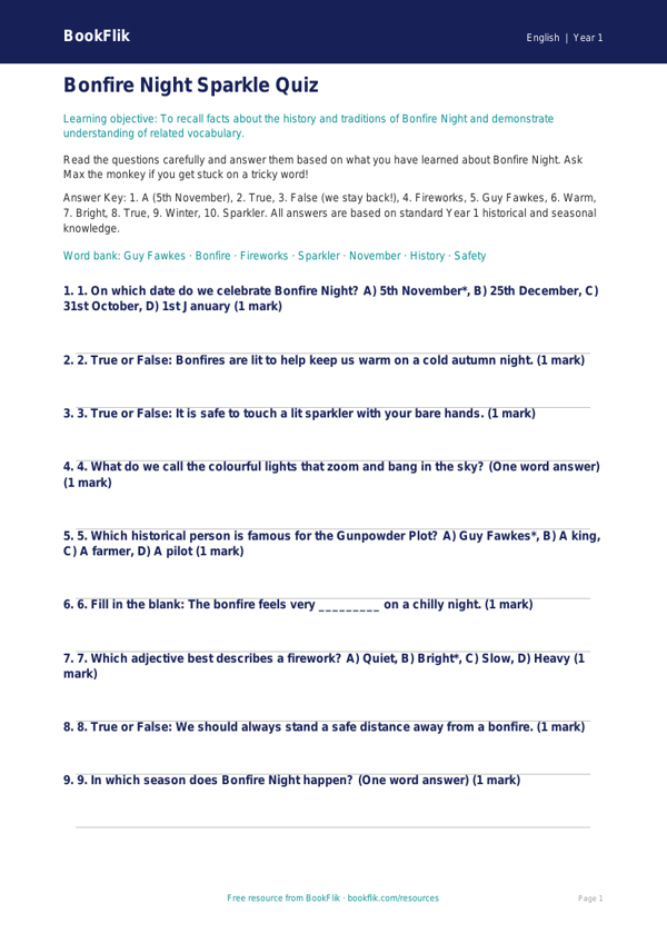 Free Bonfire Night Quiz | Year 1 Core | BookFlik worksheet preview — English Bonfire Night