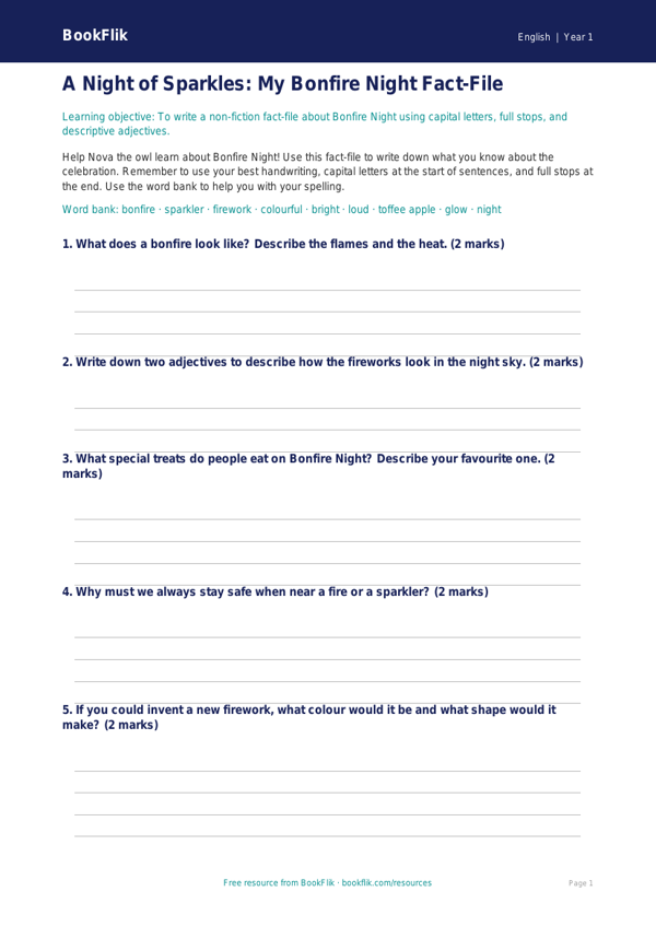 Free Bonfire Night Template | Year 1 Core | BookFlik worksheet preview — English Bonfire Night