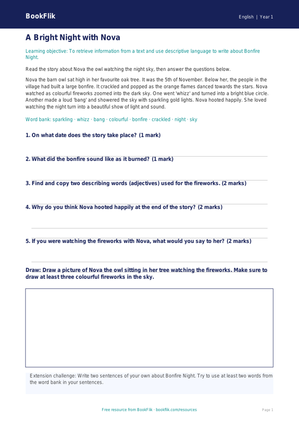 Free Bonfire Night Track Sheet | Year 1 Core | BookFlik worksheet preview — English Bonfire Night