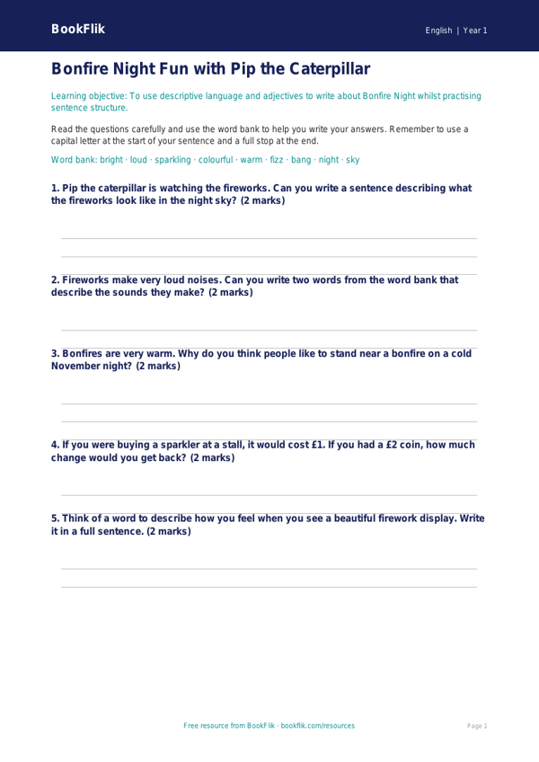 Free Bonfire Night Worksheet | Year 1 Core | BookFlik worksheet preview — English Bonfire Night