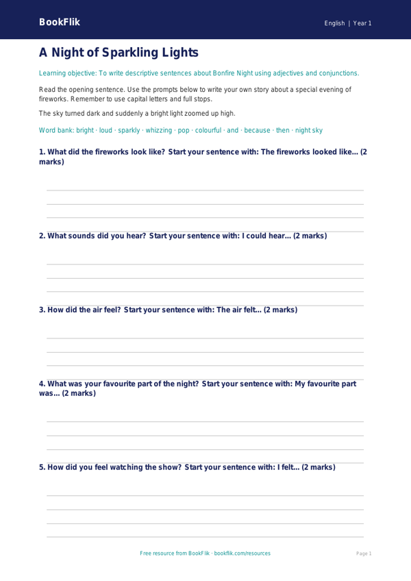 Free Bonfire Night Writing Frame | Year 1 Core | BookFlik worksheet preview — English Bonfire Night