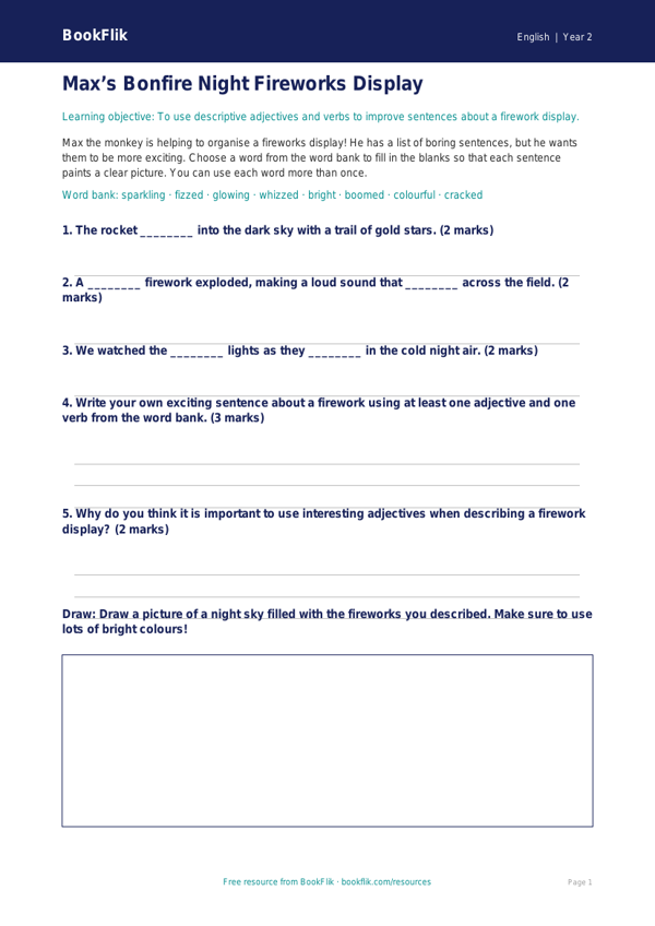 Free Bonfire Night Activity Sheet | Year 2 Core | BookFlik worksheet preview — English Bonfire Night