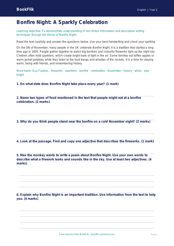 Free Bonfire Night Assessment | Year 2 Core | BookFlik worksheet preview — English Bonfire Night
