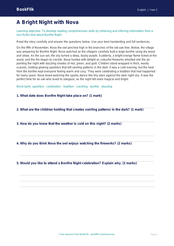 Free Bonfire Night Comprehension | Year 2 Core | BookFlik worksheet preview — English Bonfire Night