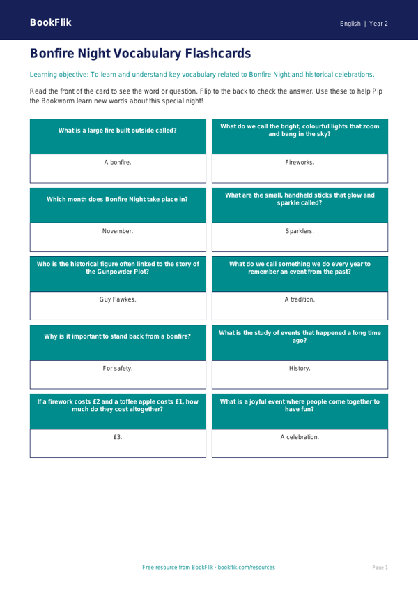 Free Bonfire Night Flashcards | Year 2 Core | BookFlik worksheet preview — English Bonfire Night