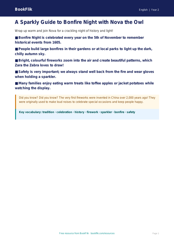 Free Bonfire Night Poster | Year 2 Core | BookFlik worksheet preview — English Bonfire Night