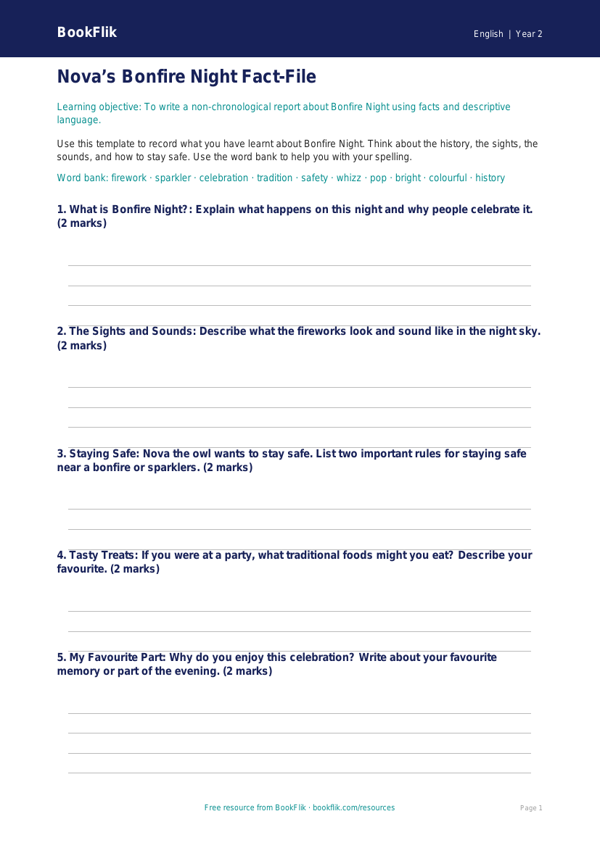 Free Bonfire Night Template | Year 2 Core | BookFlik worksheet preview — English Bonfire Night
