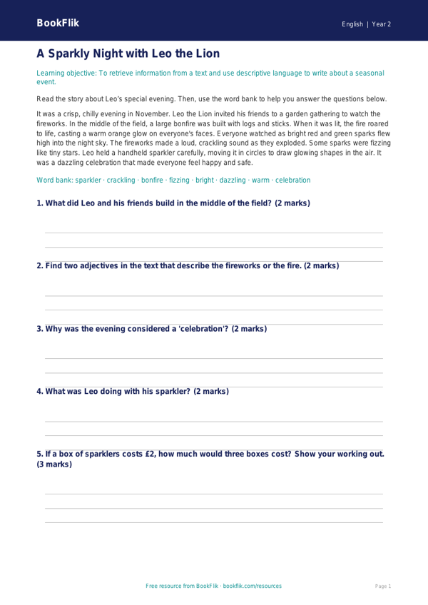 Free Bonfire Night Track Sheet | Year 2 Core | BookFlik worksheet preview — English Bonfire Night