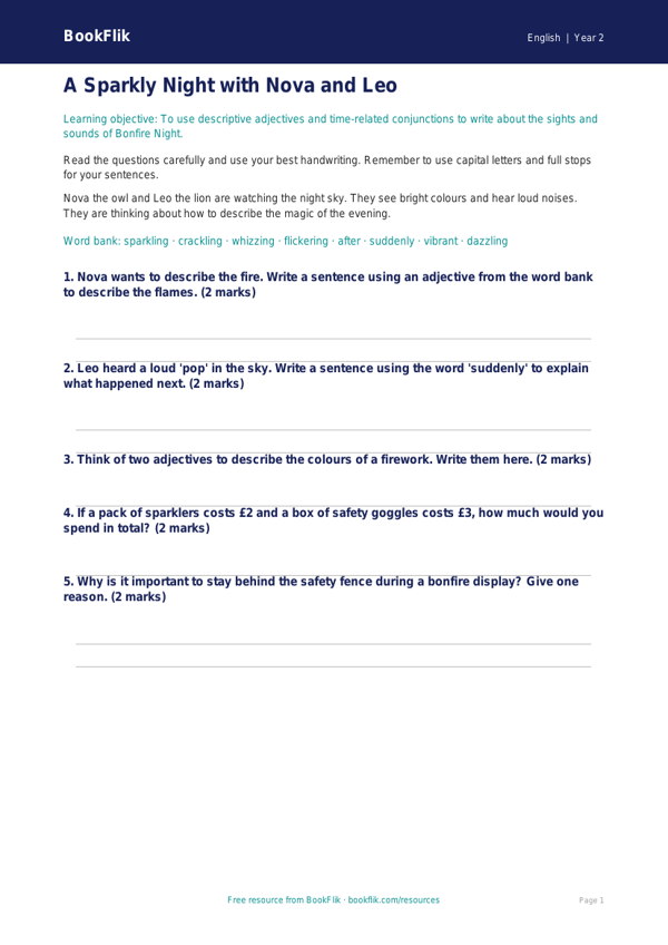 Free Bonfire Night Worksheet | Year 2 Core | BookFlik worksheet preview — English Bonfire Night