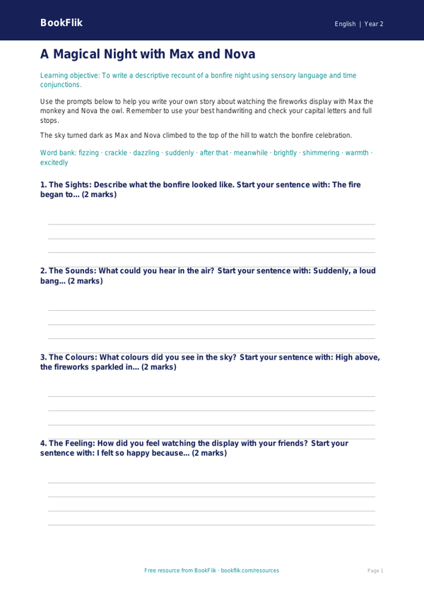 Free Bonfire Night Writing Frame | Year 2 Core | BookFlik worksheet preview — English Bonfire Night
