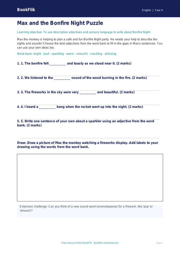 Free Bonfire Night Activity Sheet | Year 4 Supported | BookFlik worksheet preview — English Bonfire Night