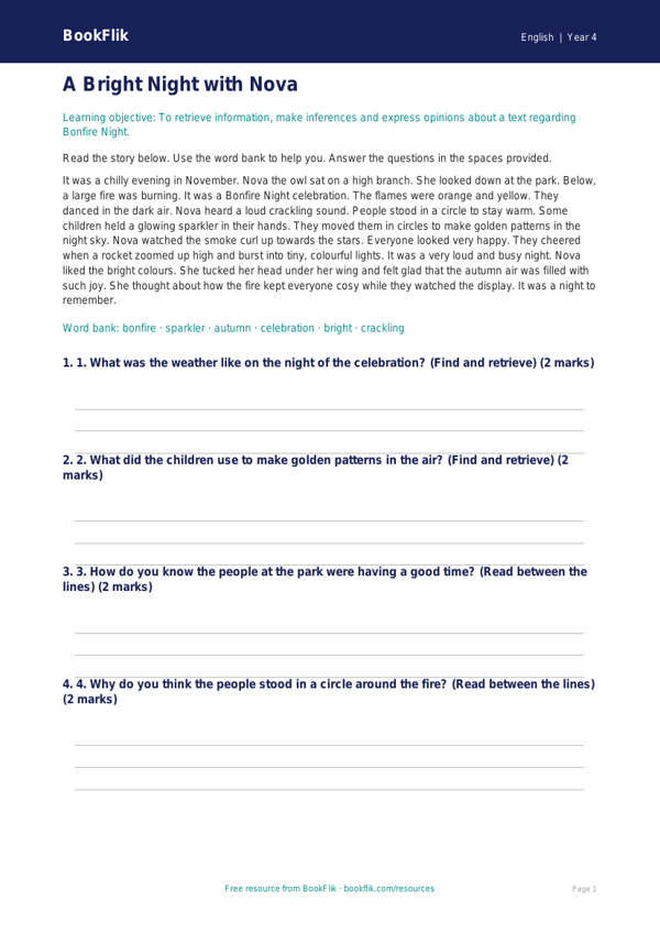 Free Bonfire Night Comprehension | Year 4 Supported | BookFlik worksheet preview — English Bonfire Night