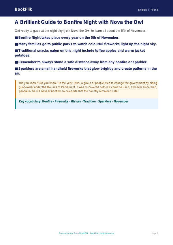 Free Bonfire Night Poster | Year 4 Supported | BookFlik worksheet preview — English Bonfire Night