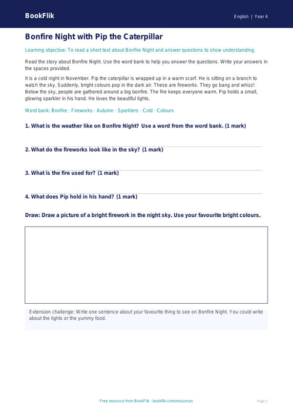 Free Bonfire Night Track Sheet | Year 4 Supported | BookFlik worksheet preview — English Bonfire Night
