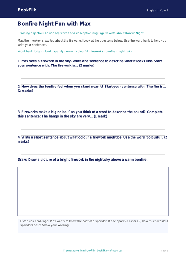 Free Bonfire Night Worksheet | Year 4 Supported | BookFlik worksheet preview — English Bonfire Night