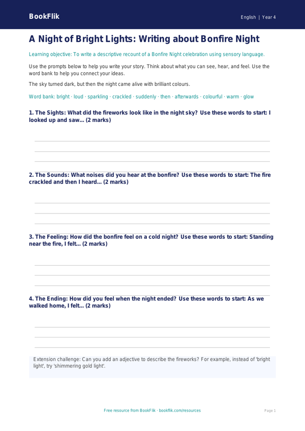 Free Bonfire Night Writing Frame | Year 4 Supported | BookFlik worksheet preview — English Bonfire Night