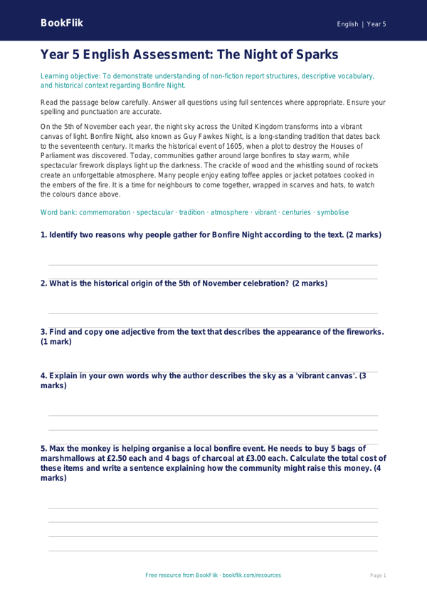 Free Bonfire Night Assessment | Year 5 Core | BookFlik worksheet preview — English Bonfire Night