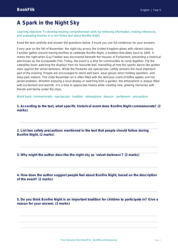 Free Bonfire Night Comprehension | Year 5 Core | BookFlik worksheet preview — English Bonfire Night