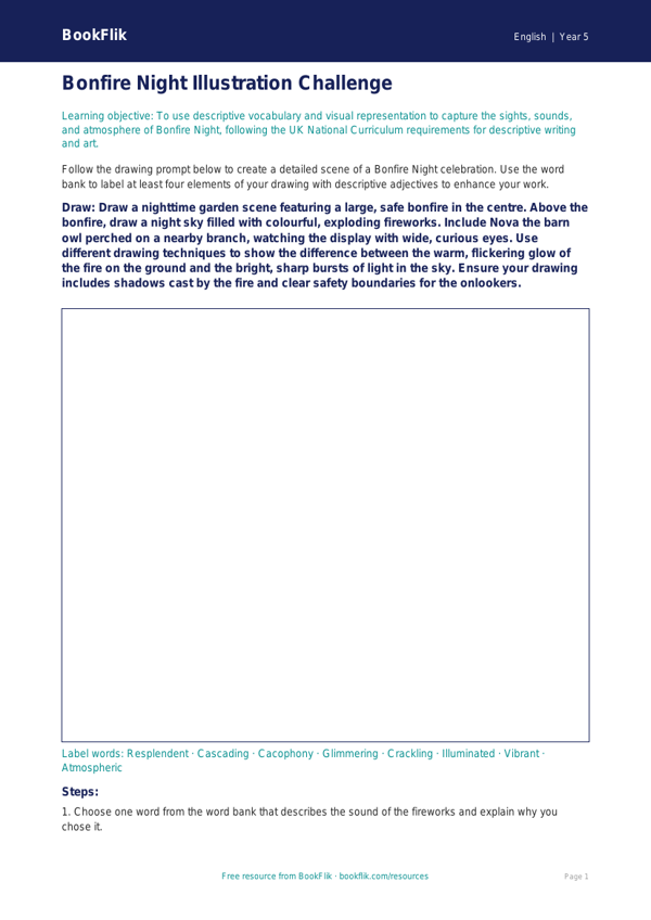 Free Bonfire Night Drawing Sheet | Year 5 Core | BookFlik worksheet preview — English Bonfire Night