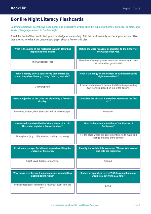 Free Bonfire Night Flashcards | Year 5 Core | BookFlik worksheet preview — English Bonfire Night