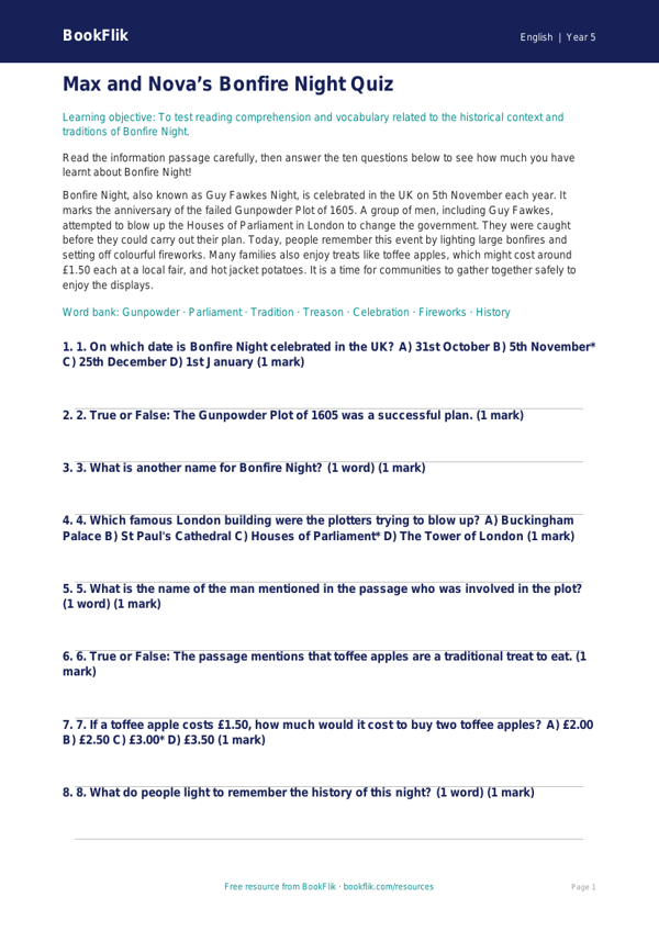 Free Bonfire Night Quiz | Year 5 Core | BookFlik worksheet preview — English Bonfire Night